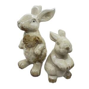 Ceramic Rabbits Bunnies Decor Figurines Statues Vintage Creamy Tan Retro Large